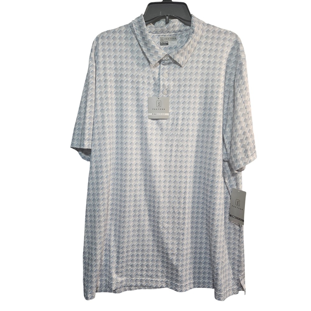 PGA Tour Pro Series Mens XXL Golf Polo Shirt White Blue Geometric PVKFF027DS NEW